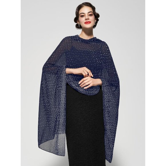 Women Blue Sequin Chiffon Shawls and Wraps Formal Rhinestone for Evening Dress - Picture 2 of 6